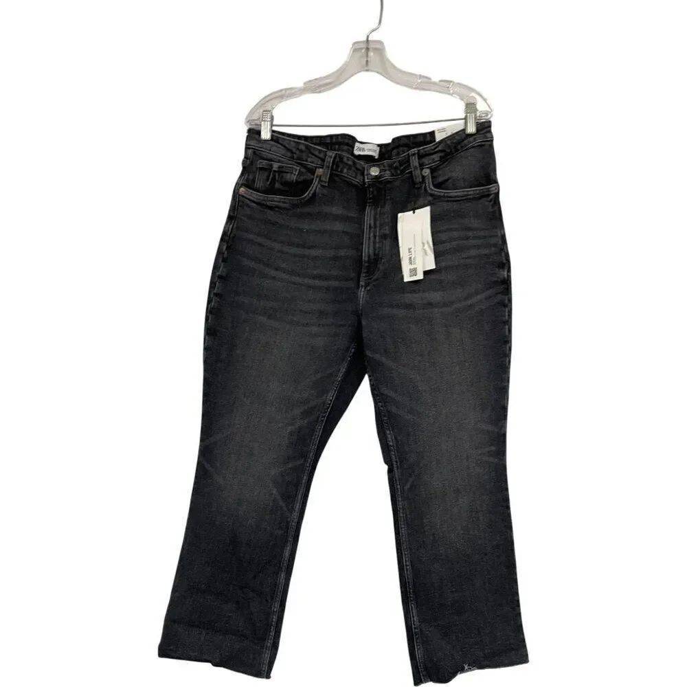 Zara Womens Jeans UK 18 US 14 Black Crop Flare Denim High Rise 4806/212 NWT